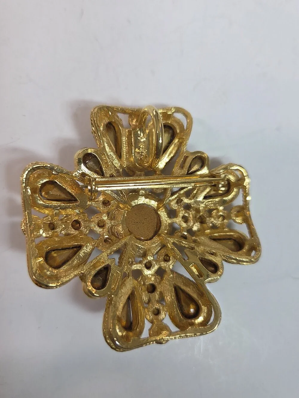 sphinx maltese brooch pendant amber stone cross gold tone large chunky dimension
